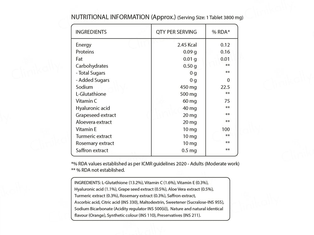 Pure Nutrition Glutathione 500mg With Vitamin C & Saffron Effervescent Tablet - Orange Flavour