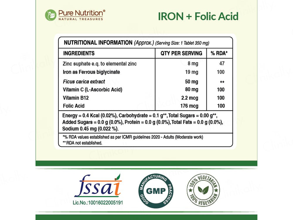 Pure Nutrition Iron With Folic Acid, Vitamin C & Zinc Veg Tablet