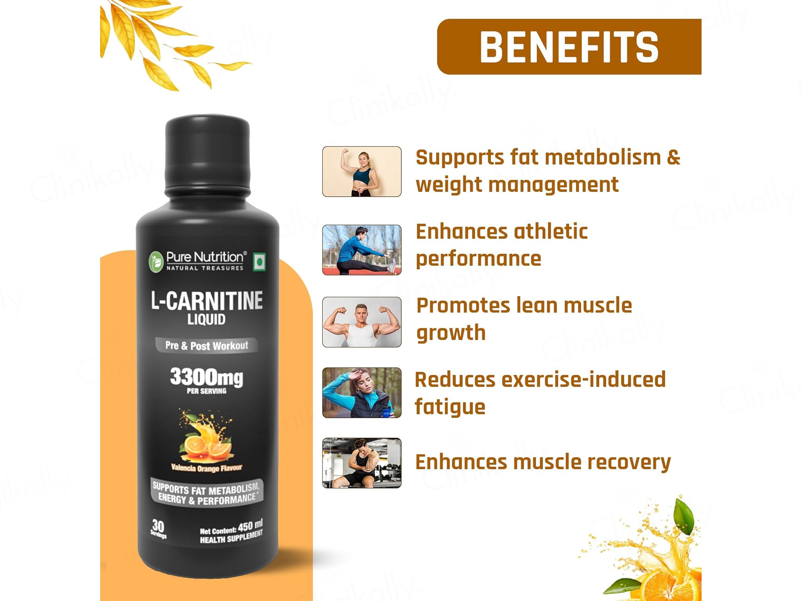 Pure Nutrition L-Carnitine 3300mg Pre & Post Workout Liquid - Valencia Orange Flavour