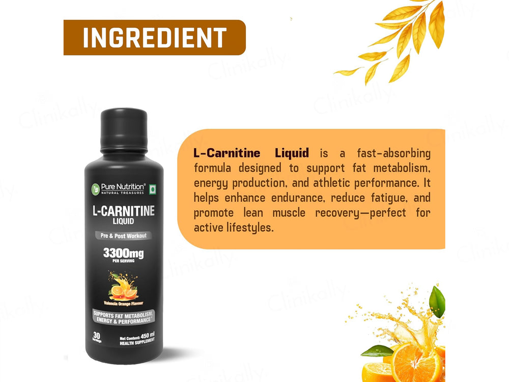 Pure Nutrition L-Carnitine 3300mg Pre & Post Workout Liquid - Valencia Orange Flavour