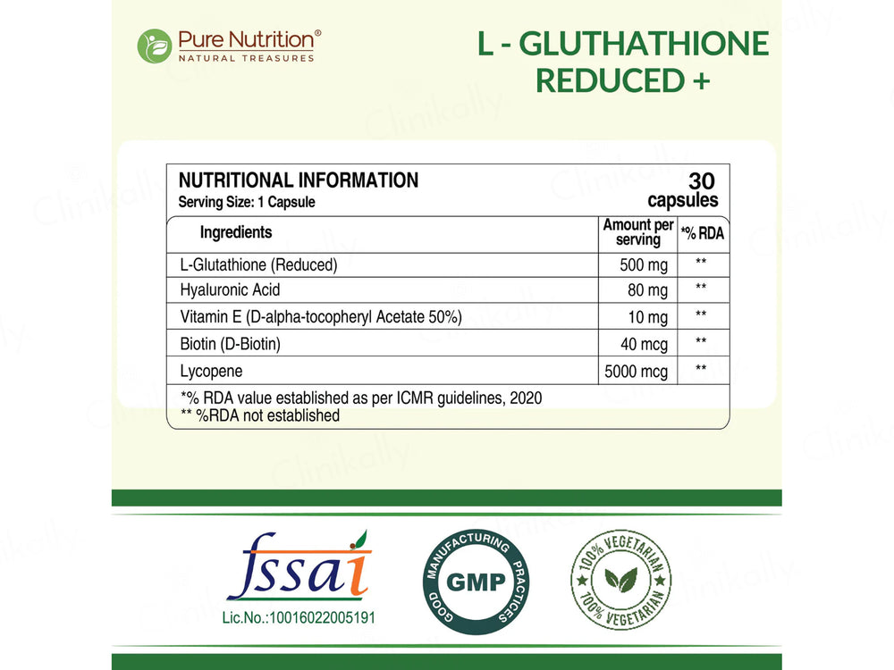 Pure Nutrition L-Glutathione Reduced+ with Hyaluronic Acid, Vitamin E, Biotin Veg Capsule