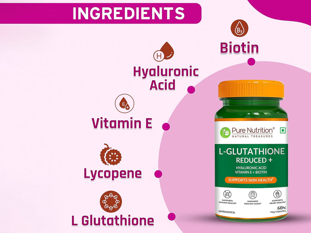 Pure Nutrition L-Glutathione Reduced+ with Hyaluronic Acid, Vitamin E, Biotin Veg Capsule