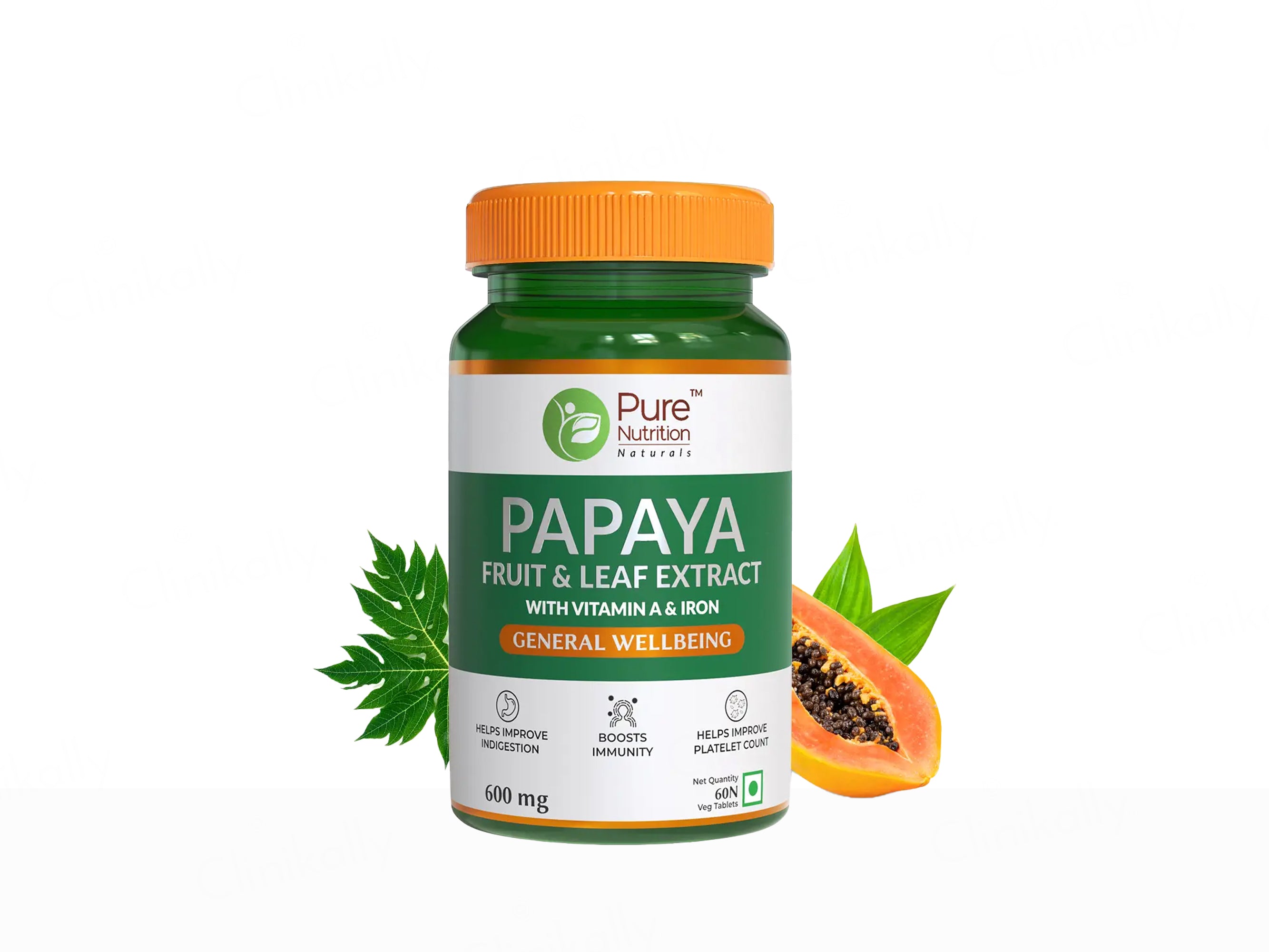 Pure Nutrition Papaya Fruit & Leaf Extract With Vitamin A & Iron Veg Tablet
