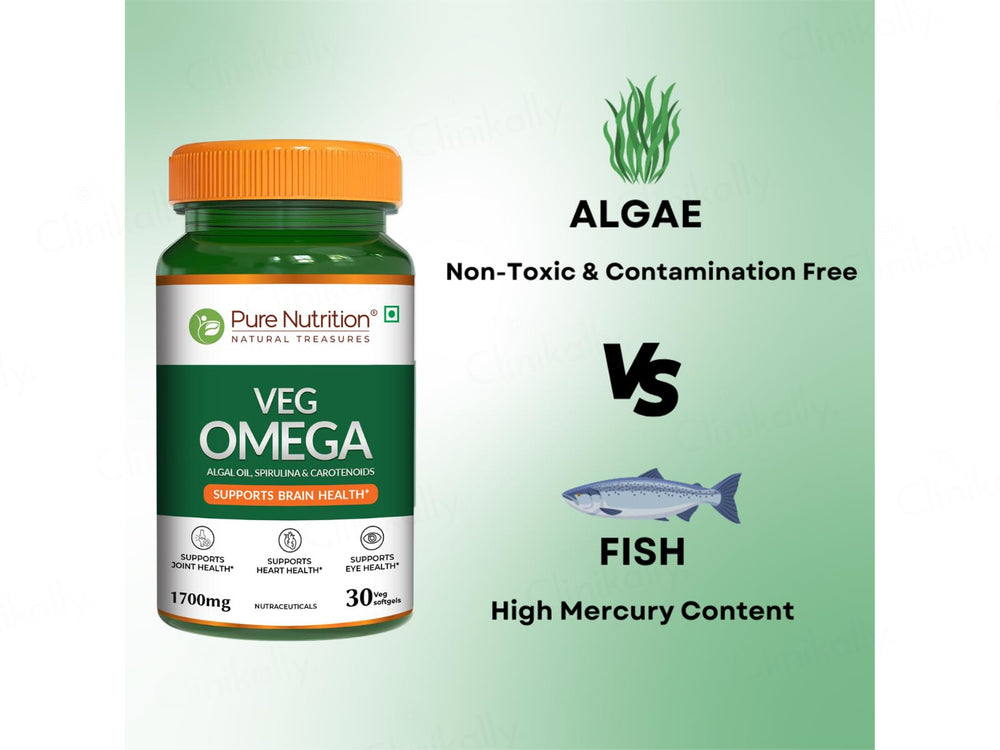 Pure Nutrition Veg Omega 1700mg With Algal Oil, Spirulina & Carotenoids Softgel