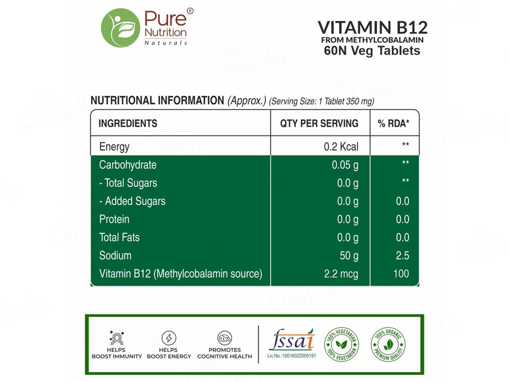 Pure Nutrition Vitamin B12 Methylcobalamin 2.2mcg Veg Tablet