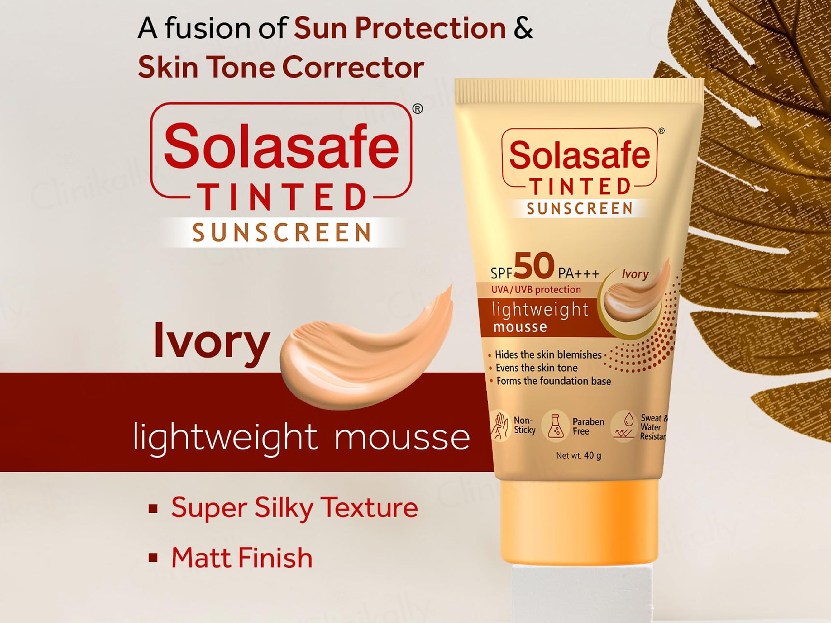Solasafe Tinted Lightweight Mousse Sunscreen SPF 50 PA+++ (Ivory)