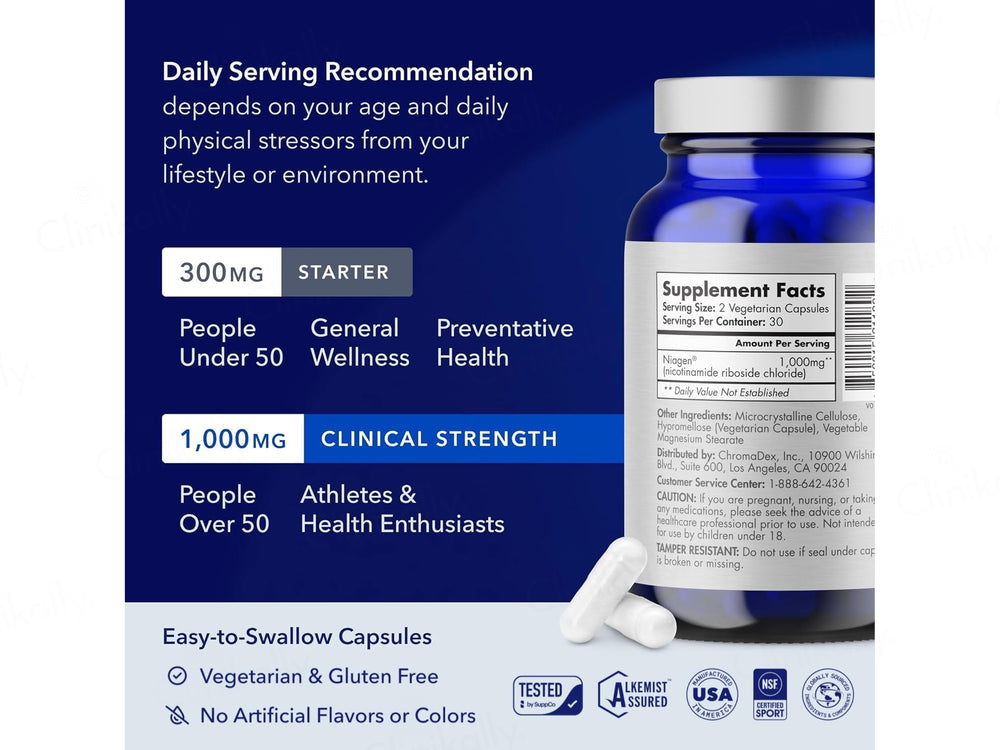 TRU Niagen Pro Nicotinamide Riboside 1000mg Dietary Supplement Veg Capsule