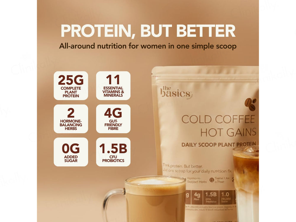 The Basics Woman Cold Coffee, Hot Gains Daily Scoop Plant Protein Powder