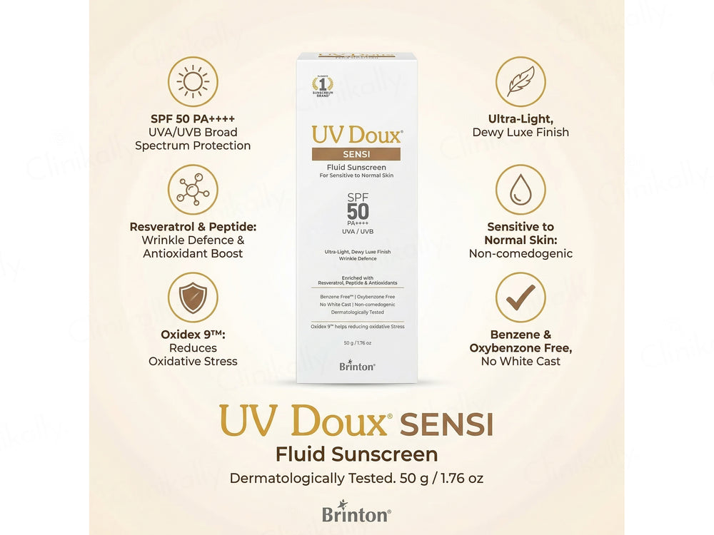 UV Doux Aqua Fluid Sunscreen SPF 50 PA++++ For Dry, Normal & Combination Skin