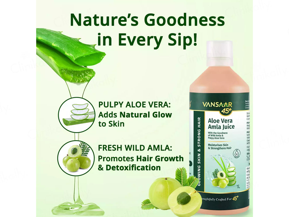 Vansaar 45+ Aloe Vera Amla Supplement Juice For Glowing Skin & Strong Hair