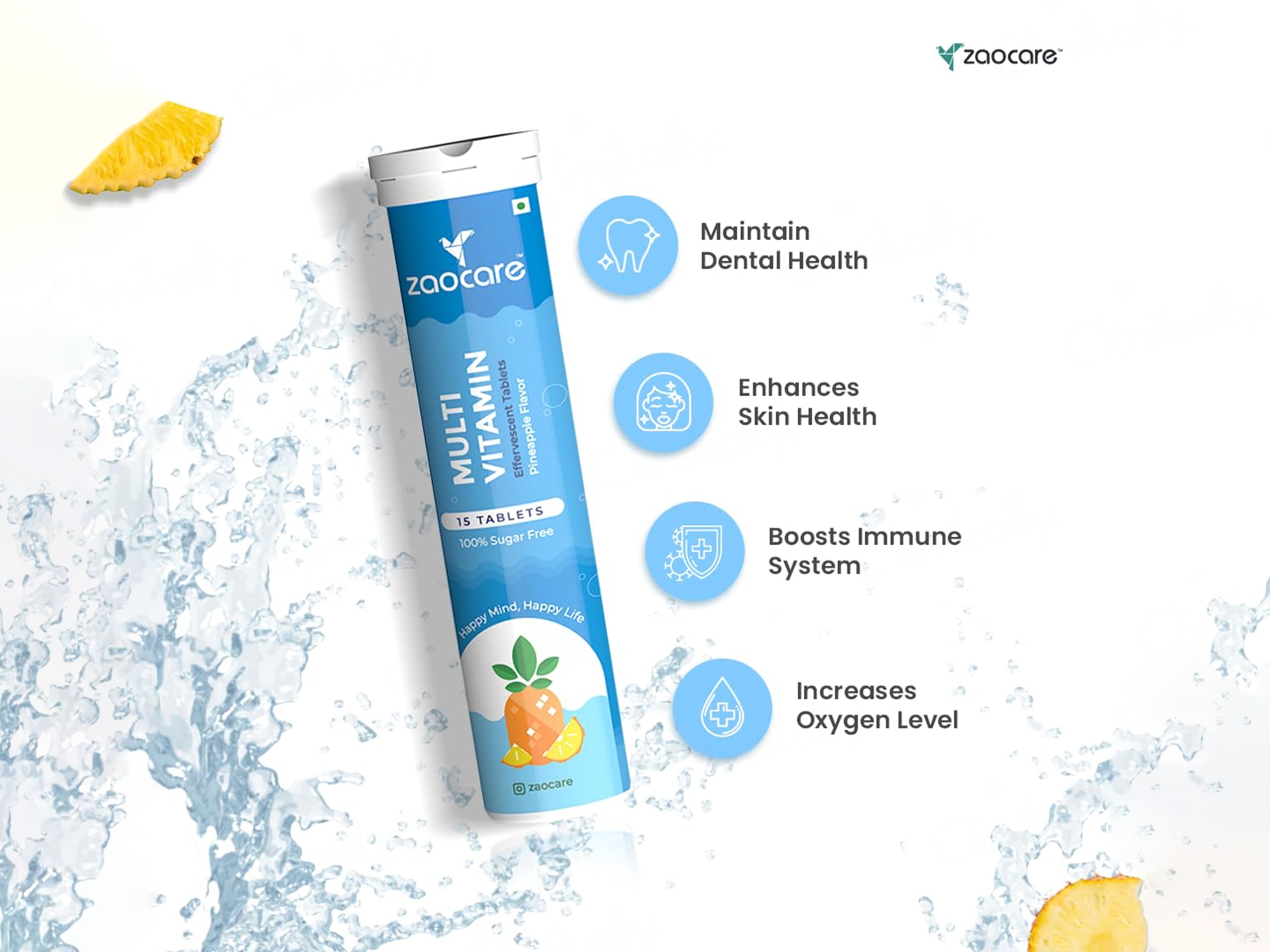 Zaocare Multivitamin Effervescent Tablet - Pineapple Flavour