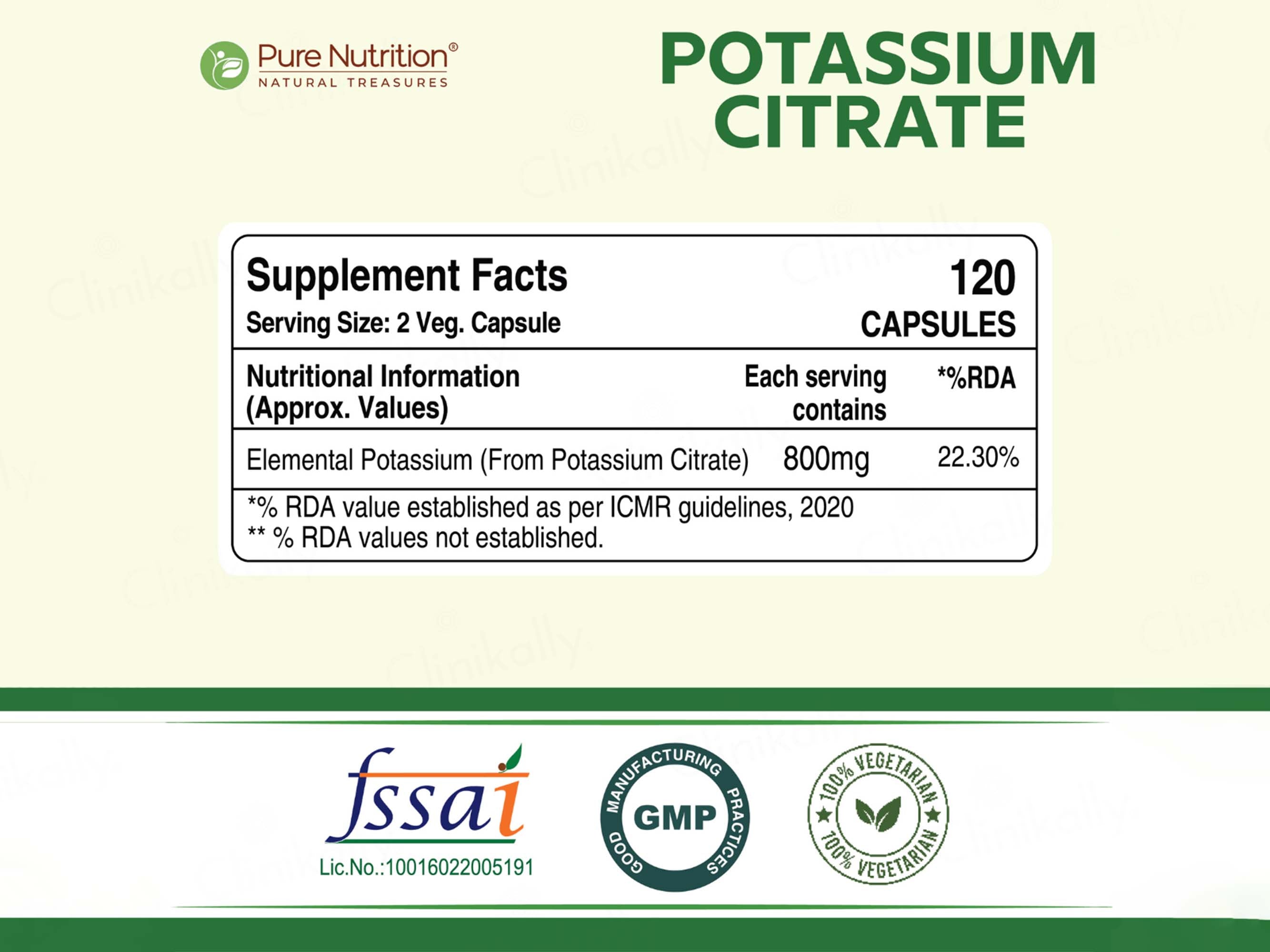 Pure Nutrition Potassium Citrate Pro 800mg Veg Capsule