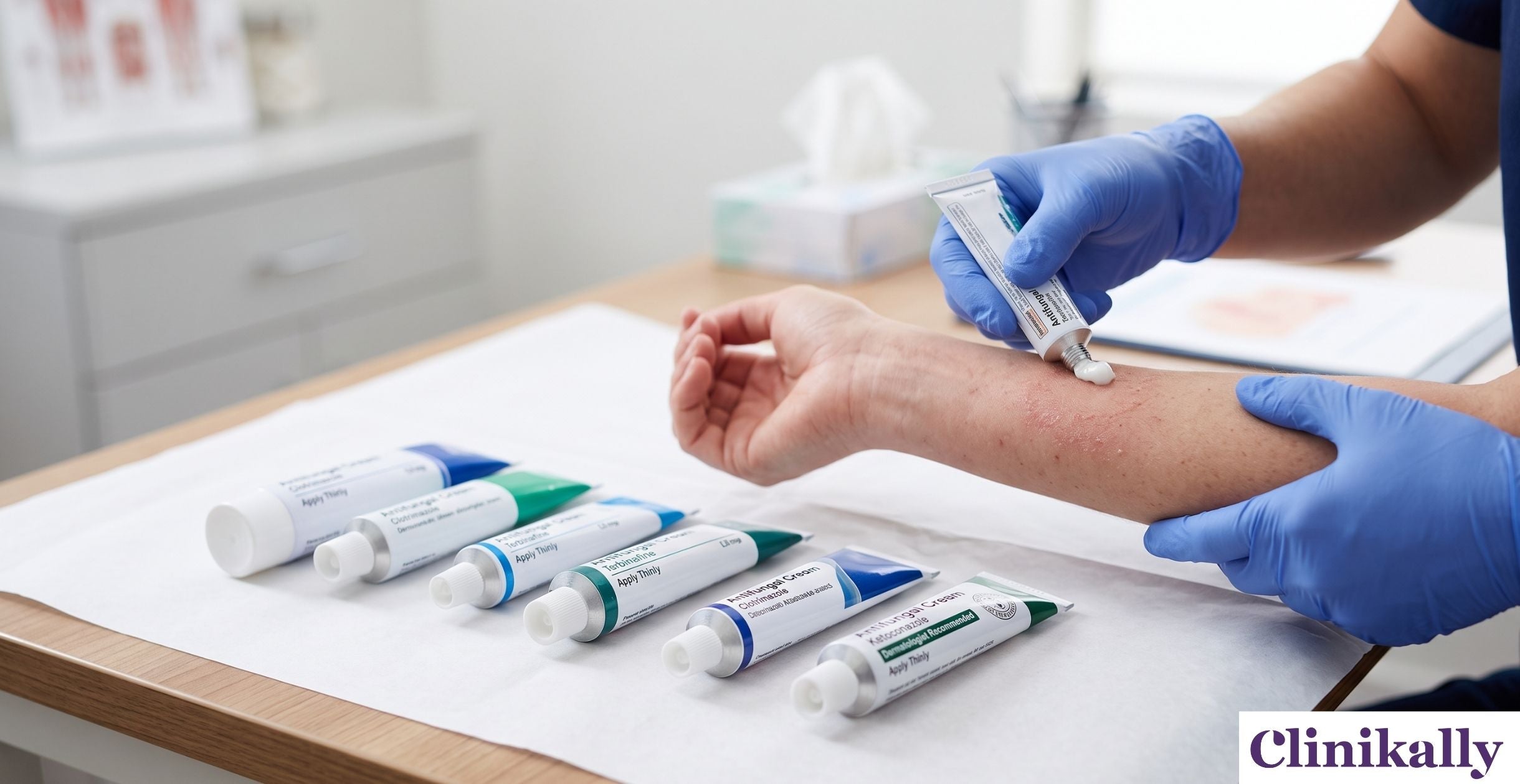Dermatologist applying antifungal cream to skin infection