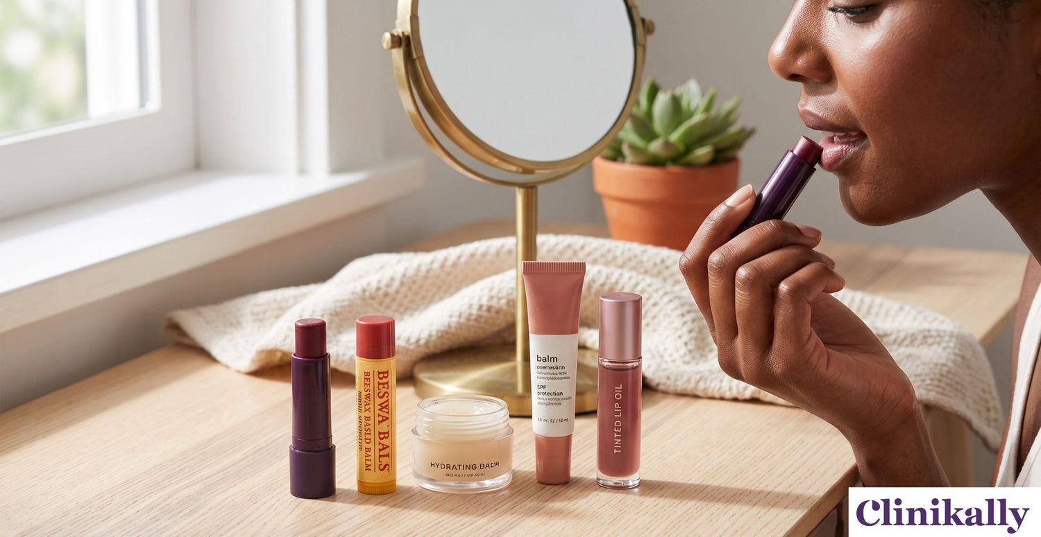 Woman applying lip balm with lip care products