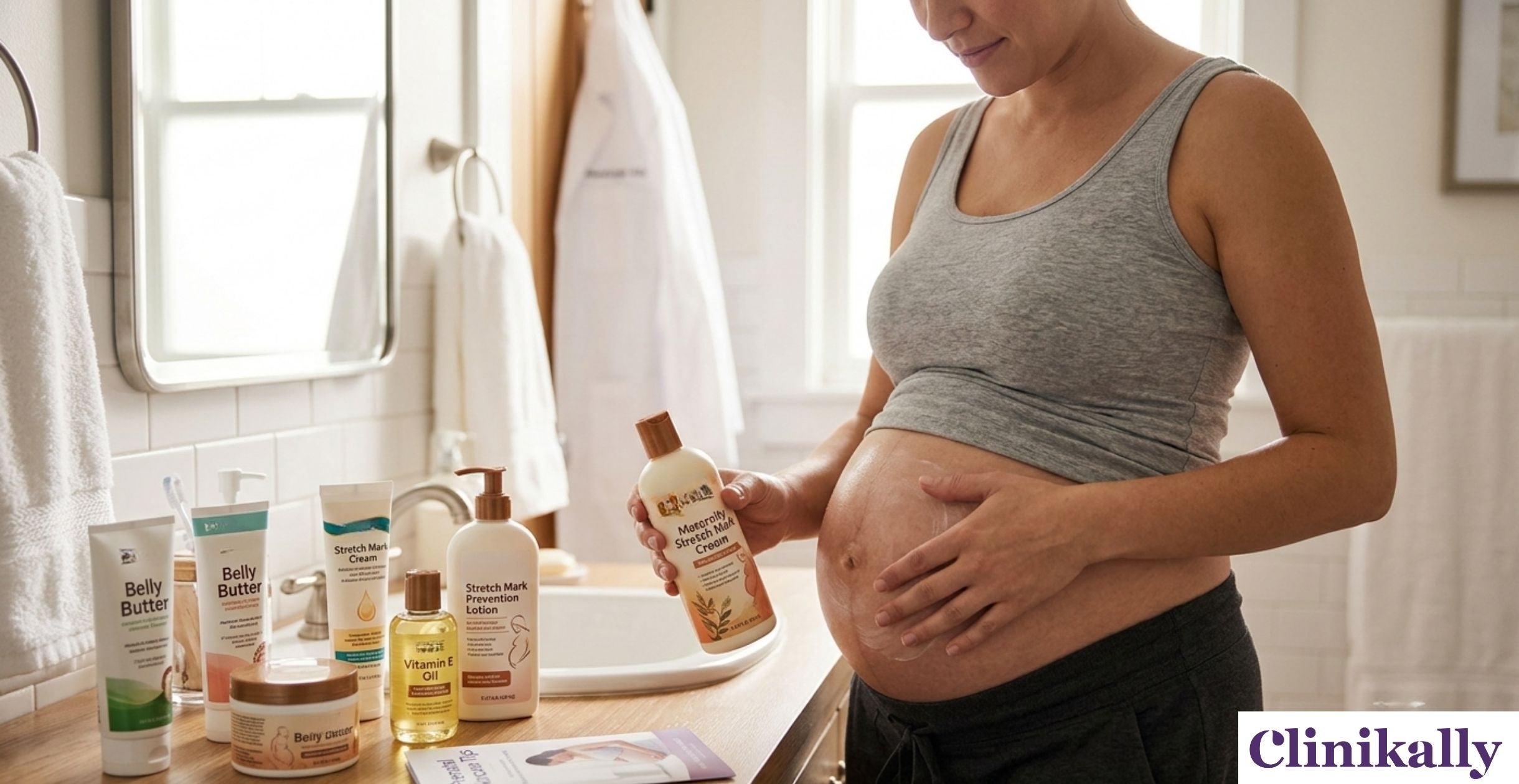 Pregnant woman using stretch mark cream