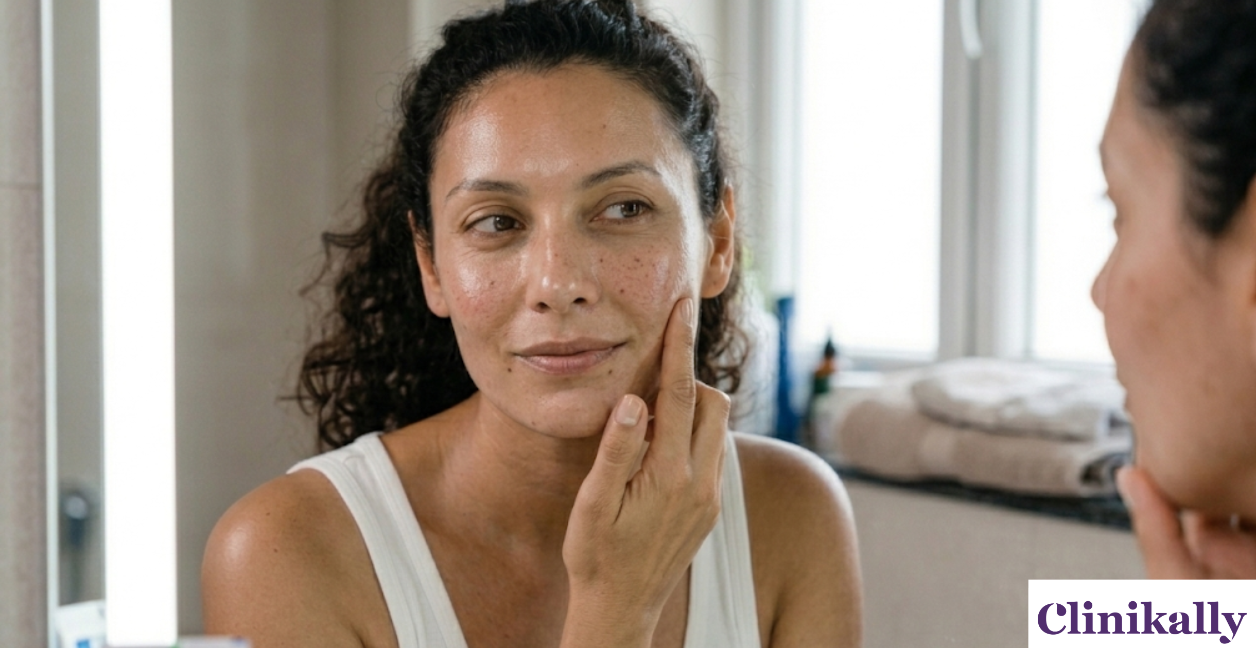 Woman examining oily facial skin in a mirror before using salicylic acid serum
