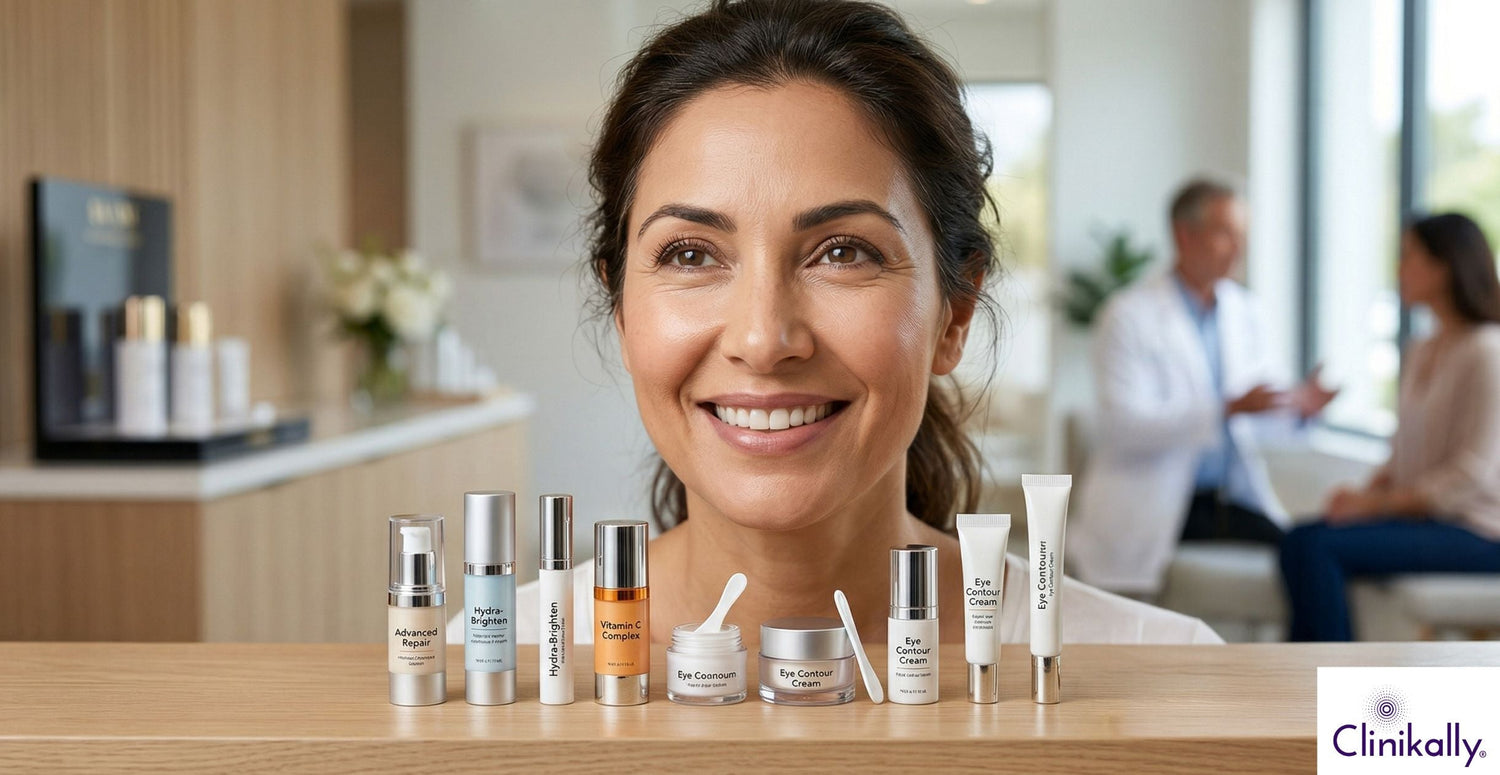 A women with dark circles, and there are several under eye creams on the table.