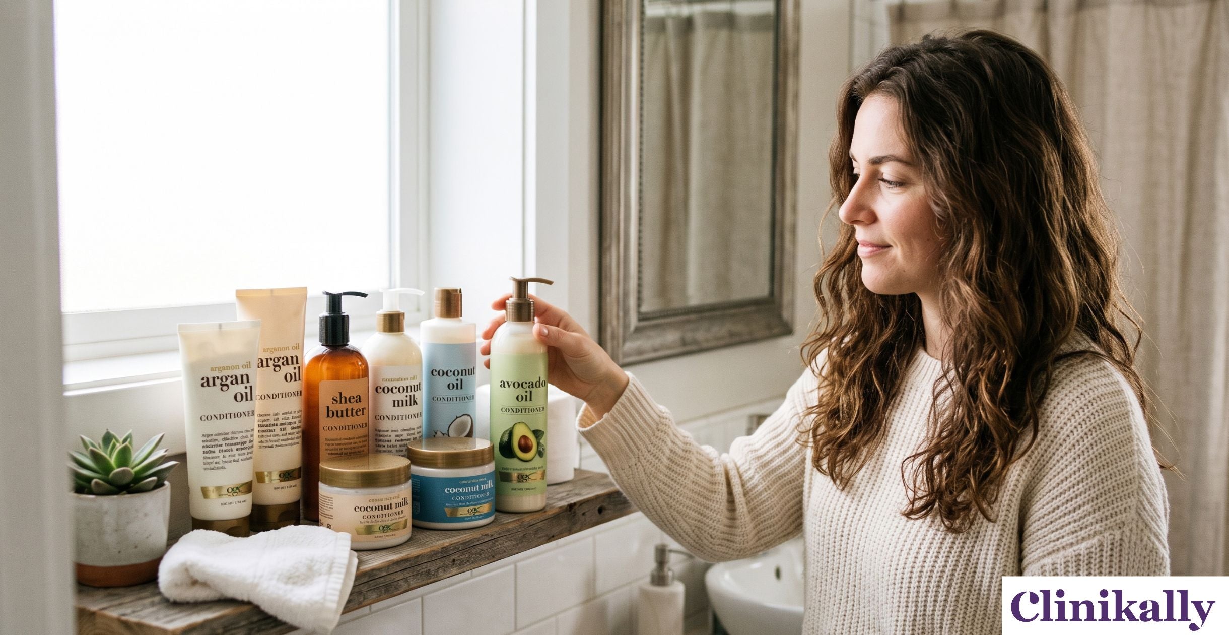 Woman choosing the best conditioner for dry curly hair