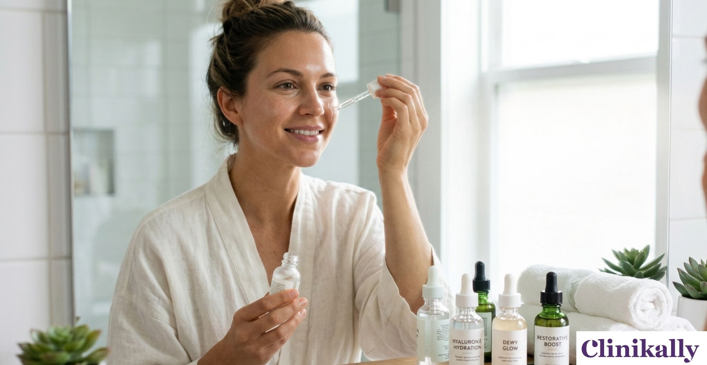 Woman applying serum to dry skin