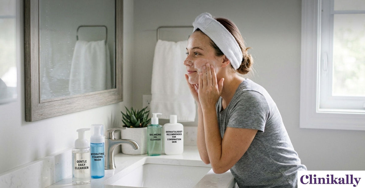 Woman using face wash for her combination skin