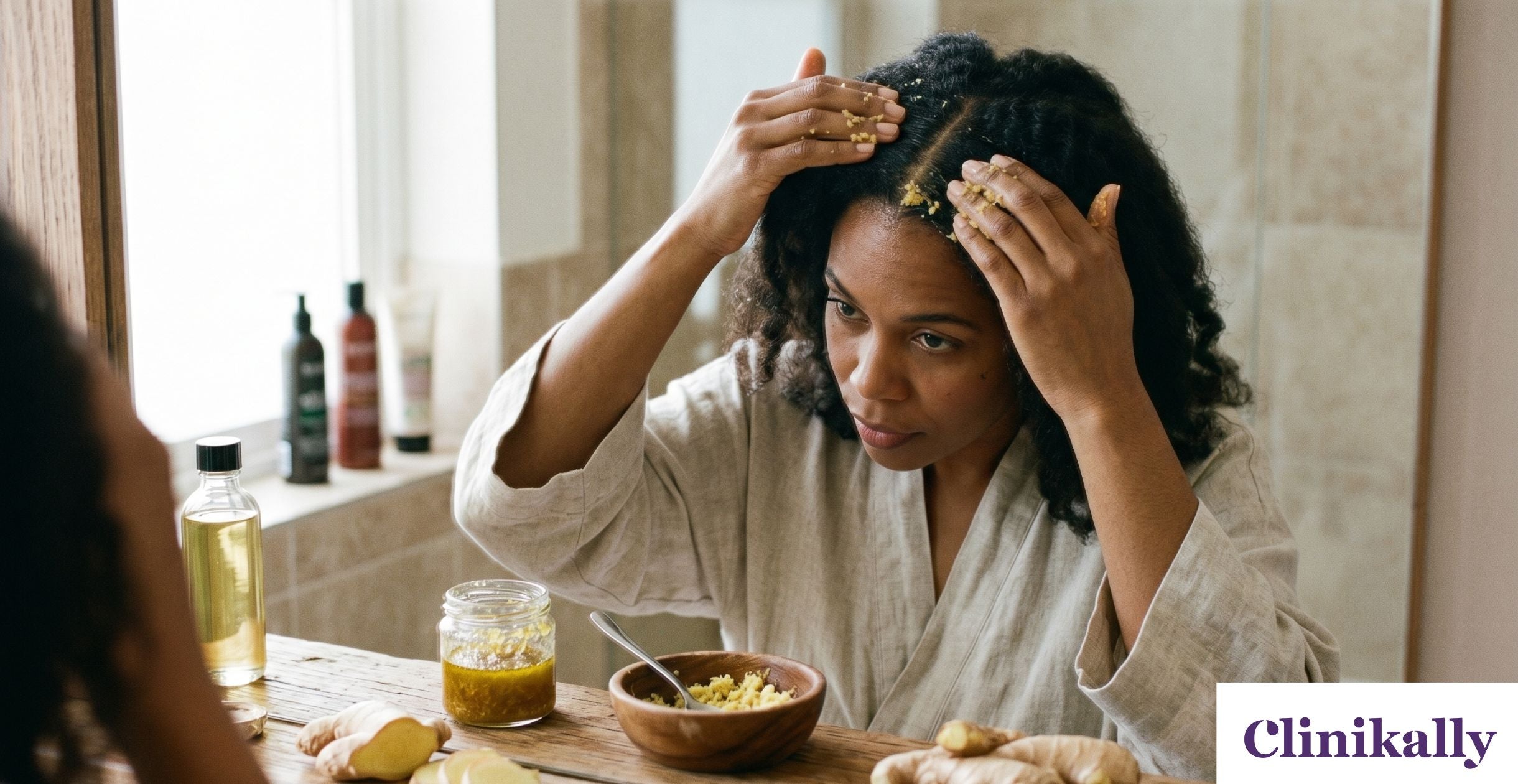 Woman applying a homemade ginger scalp treatment while examining her hair