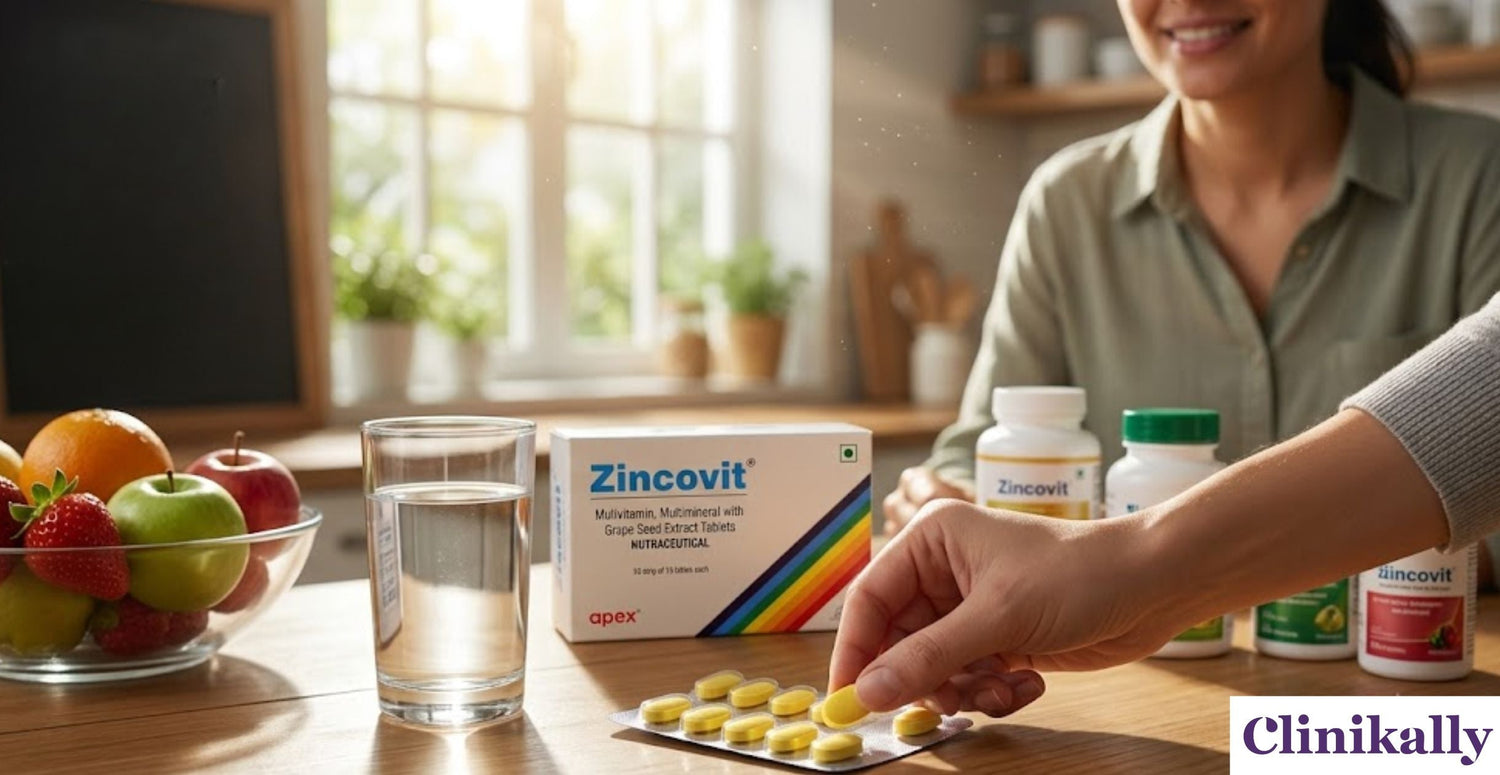 Zincovit tablets with water and fresh fruits