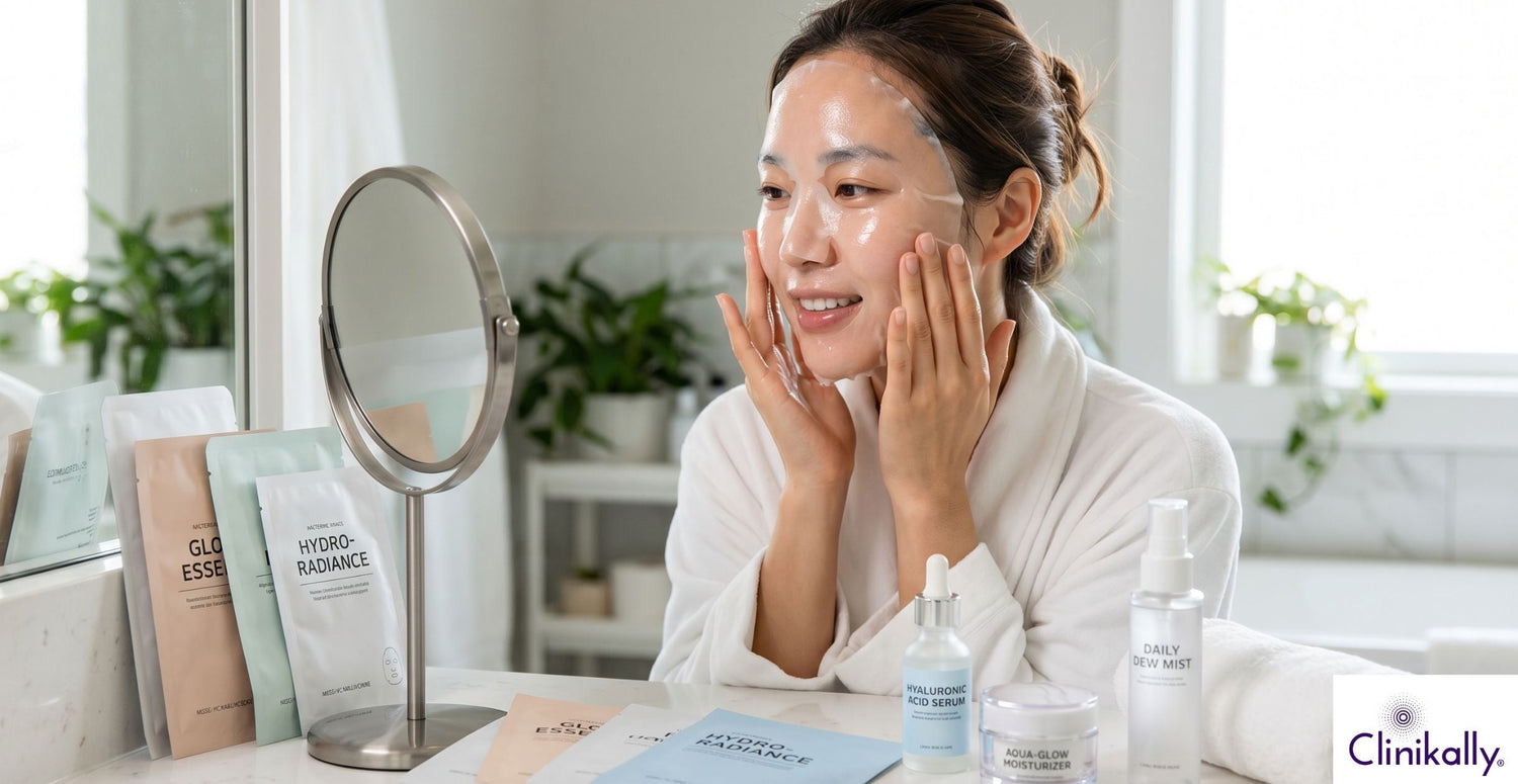 Woman applying sheet mask for glowing glass skin routine