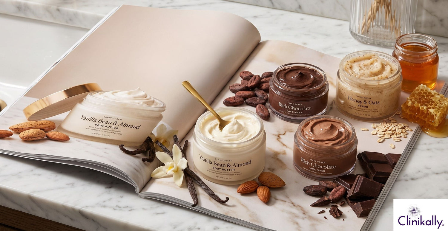 Food inspired skincare with chocolate honey oats and vanilla body butter