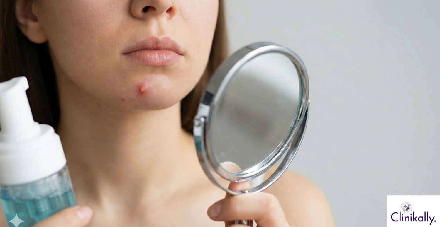 Woman checking chin pimple in a handheld mirror