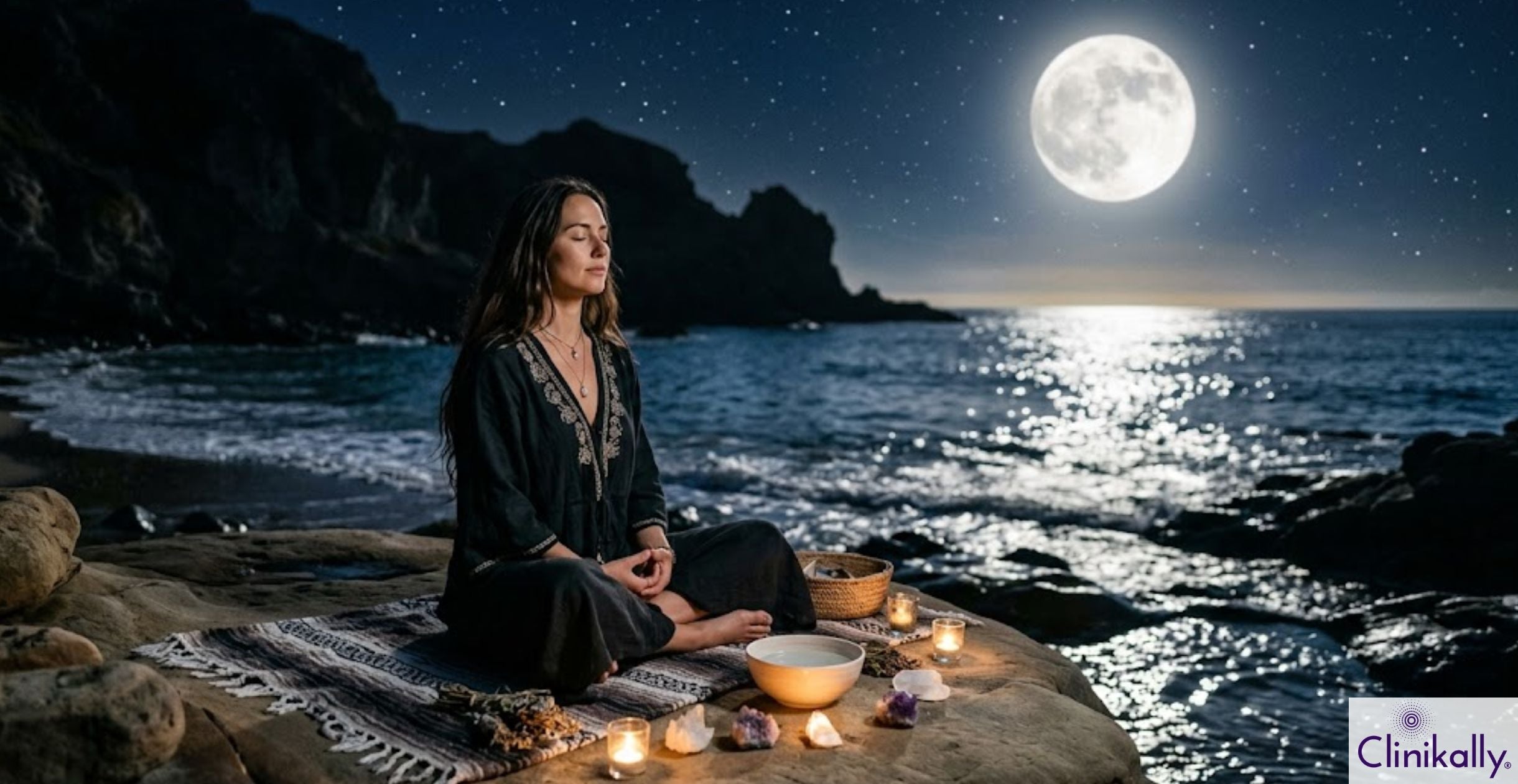 Woman meditating by ocean under full moon