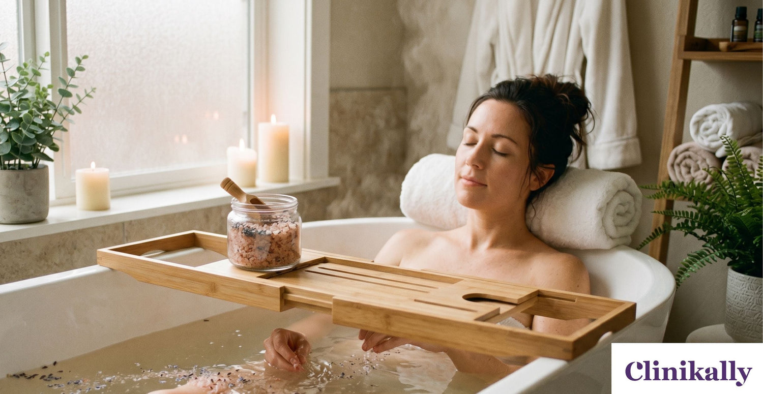 Woman relaxing in a warm bath with mineral bath salt