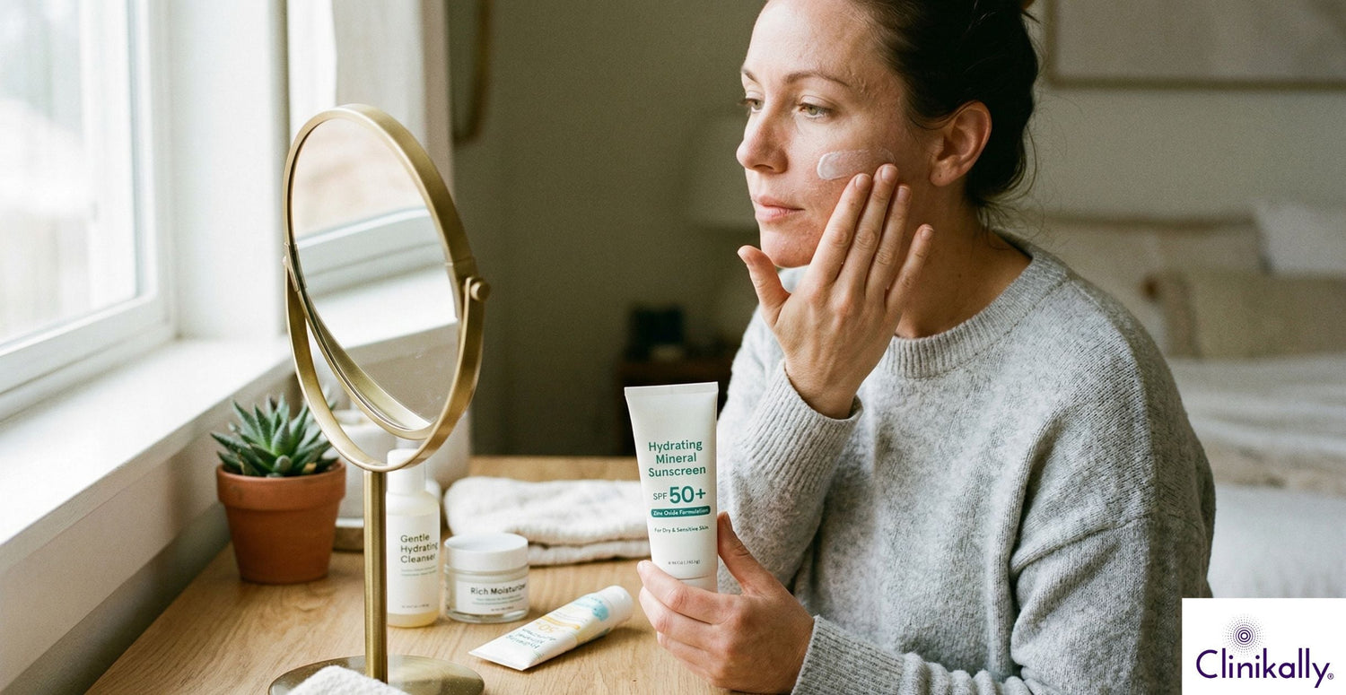 Woman applying hydrating mineral sunscreen SPF 50 on dry skin