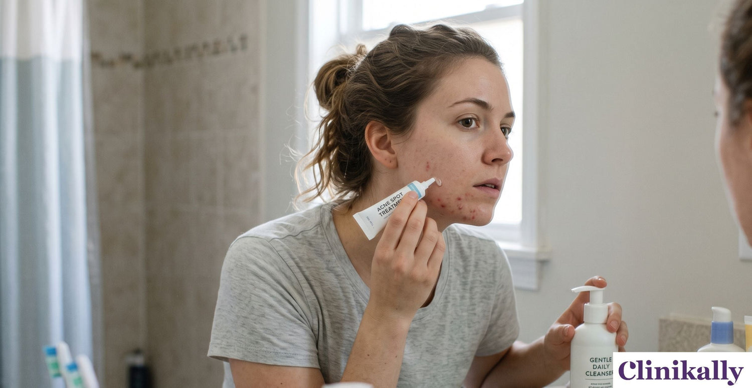 Women applying acne spot treatment application