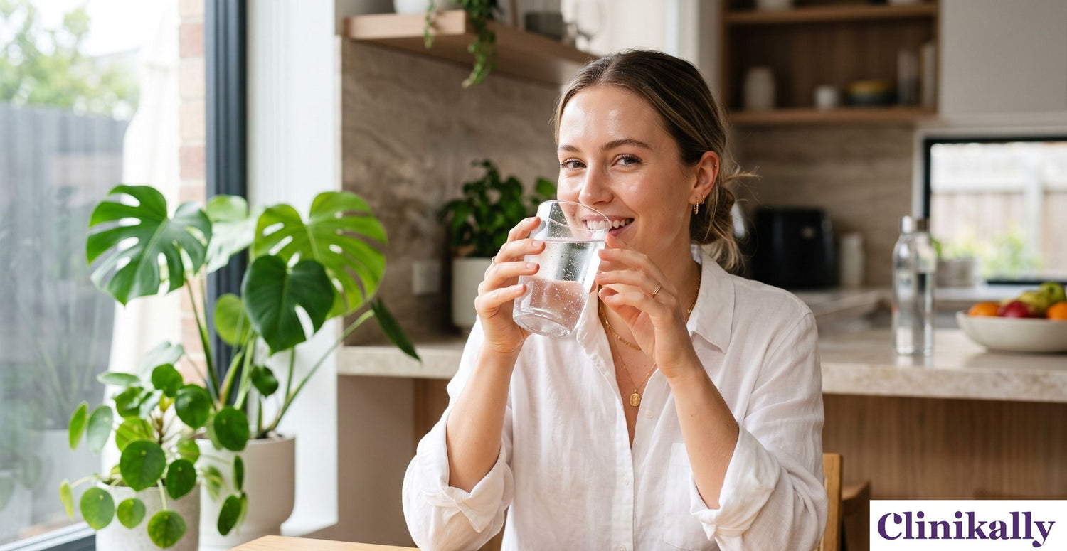 Woman drinking water to support healthy skin hydration