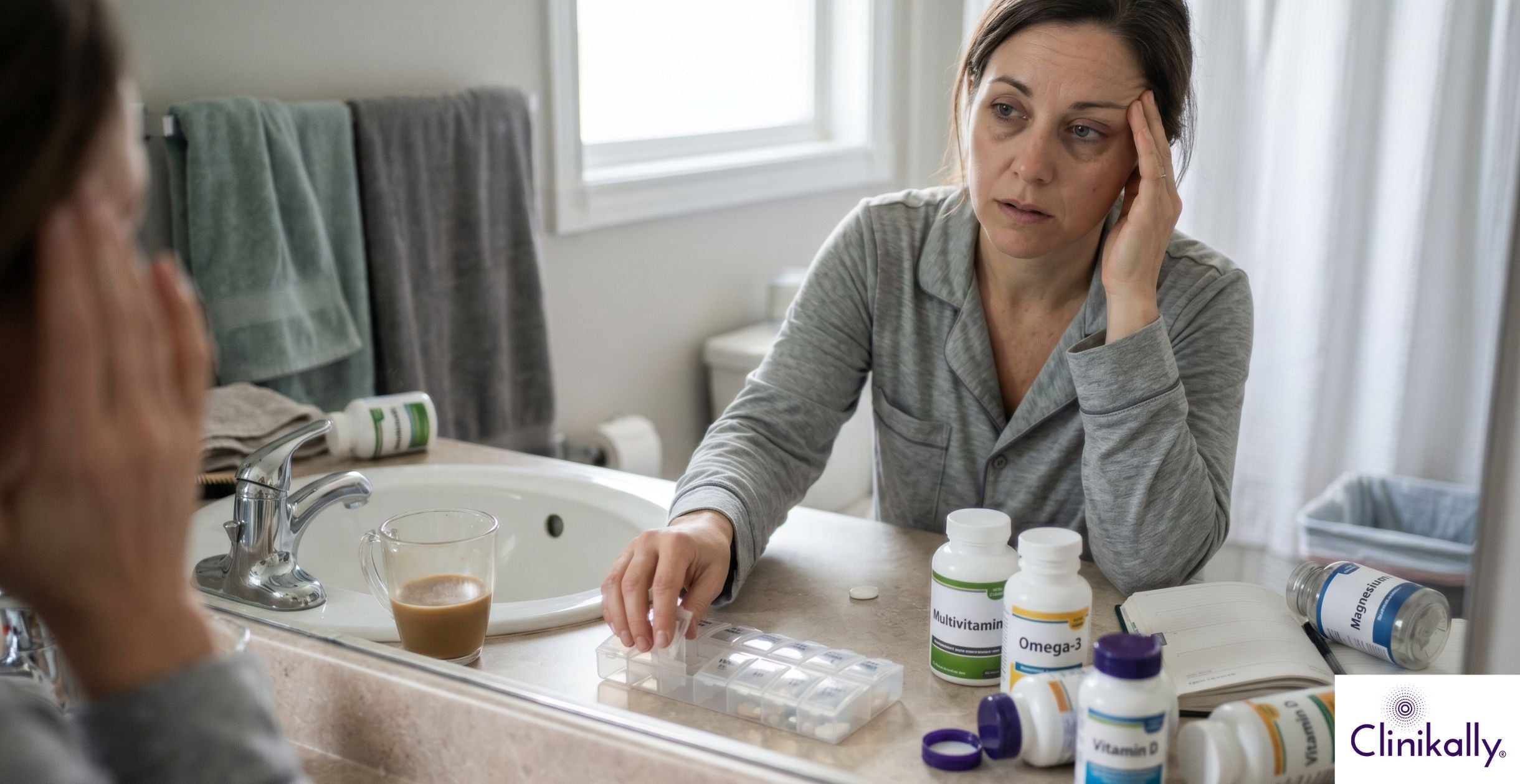 A woman organizing pills, with open supplement bottles