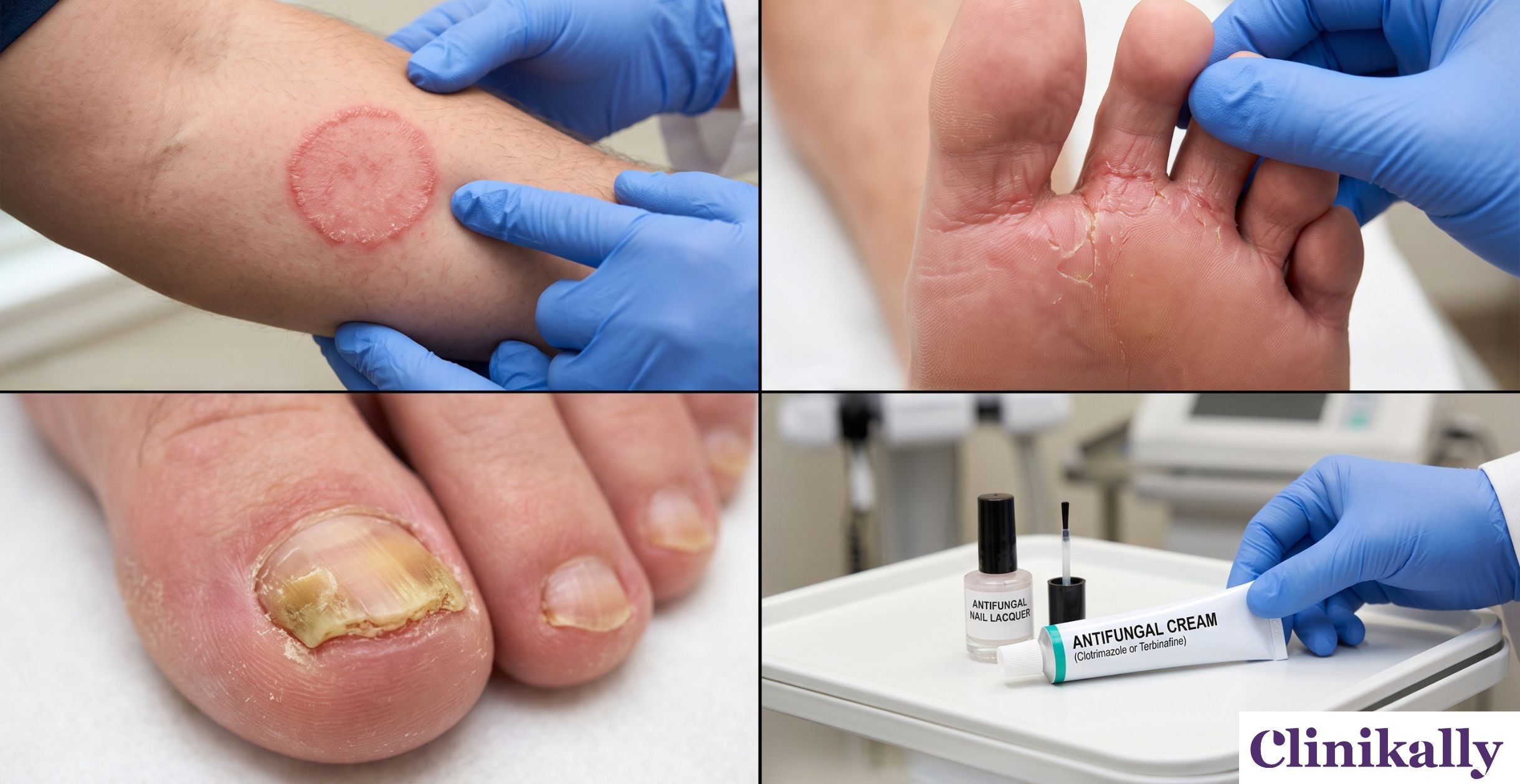 Various antifungal treatment options including spray, cream, nail lacquer, and pills
