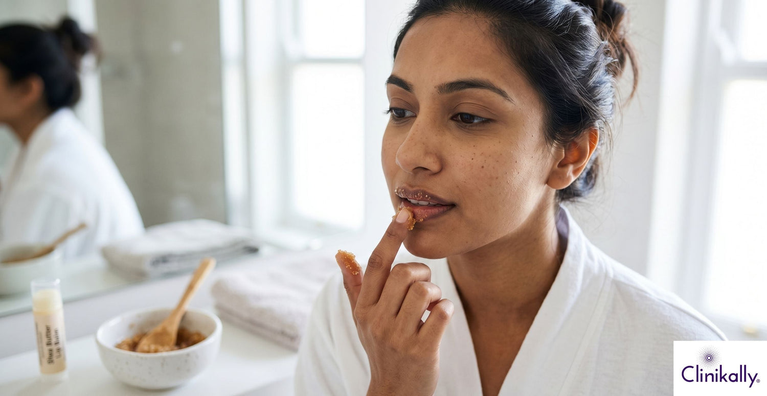 Women applying homemade lip scrub for dark lips