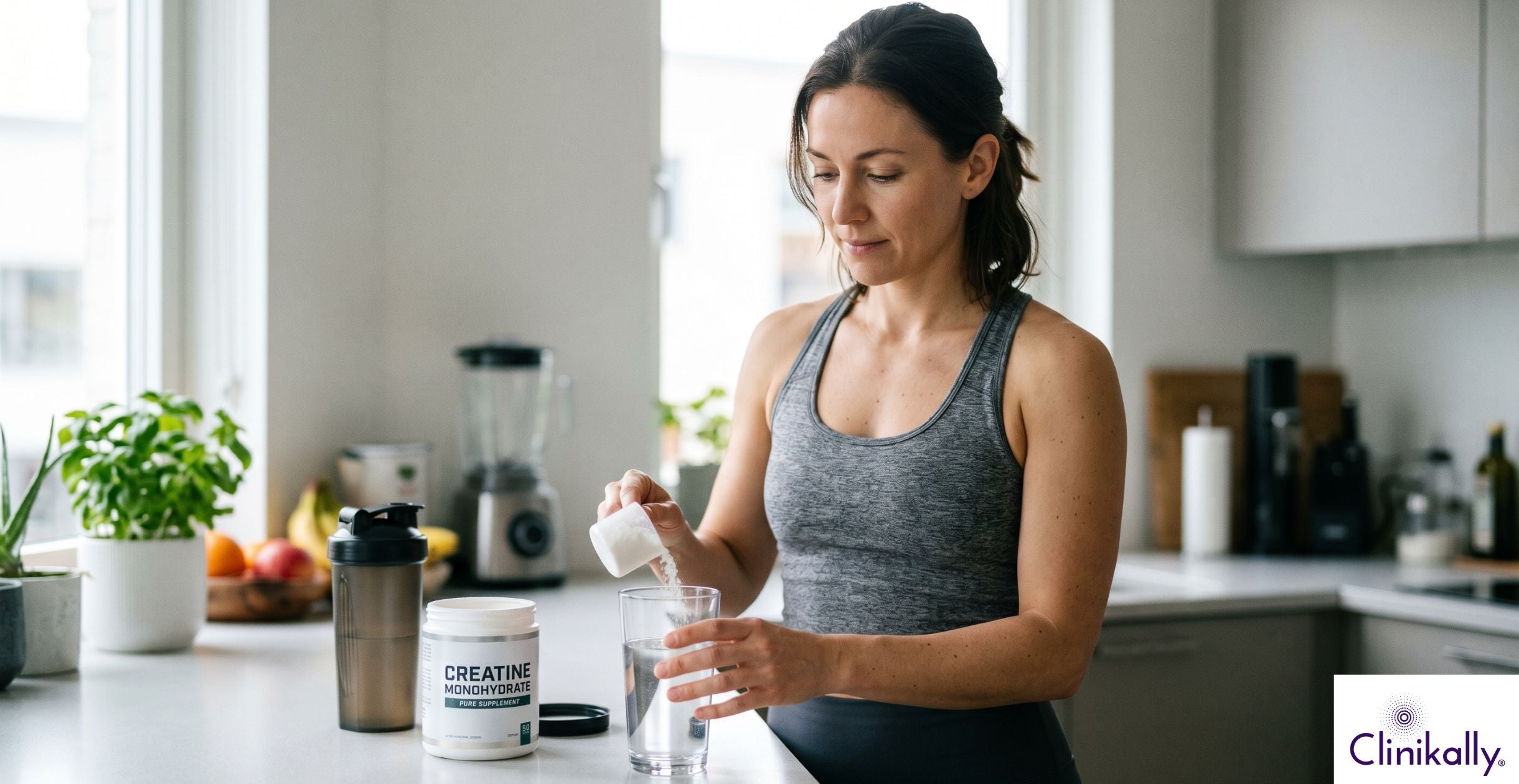 Woman preparing creatine drink at home