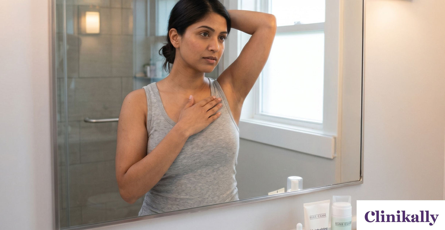 Woman examining underarm before glycolic acid treatment