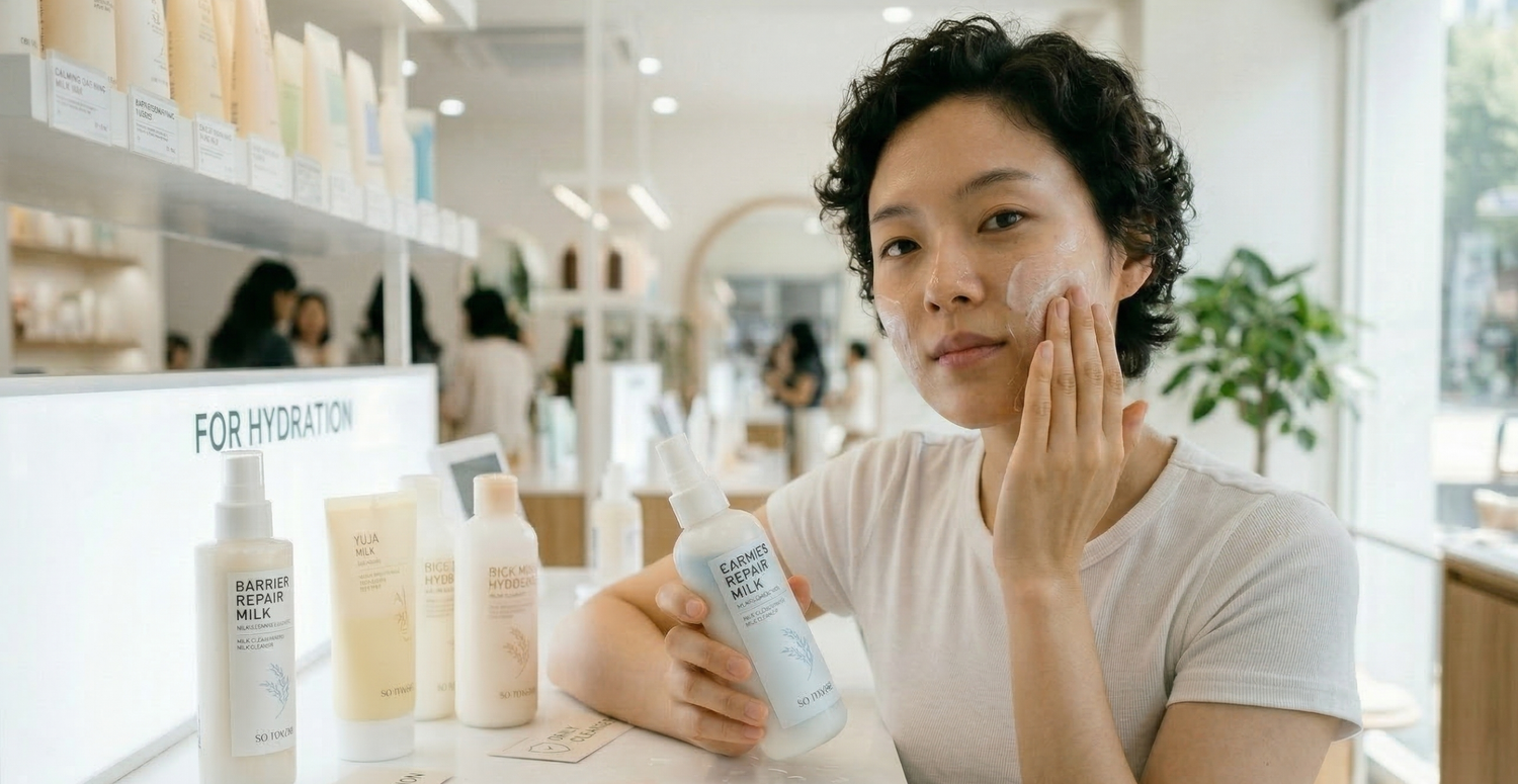 A girl trying various milk cleansers