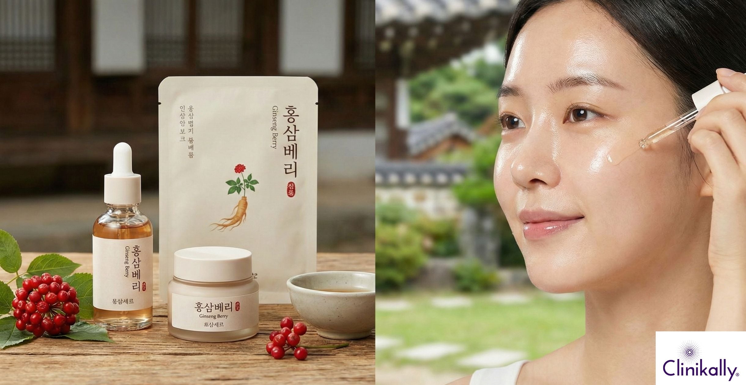 Woman using serum with ginseng berry products on table