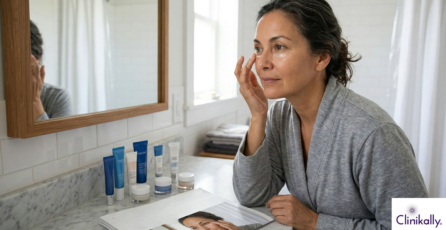 Women applying under eye cream