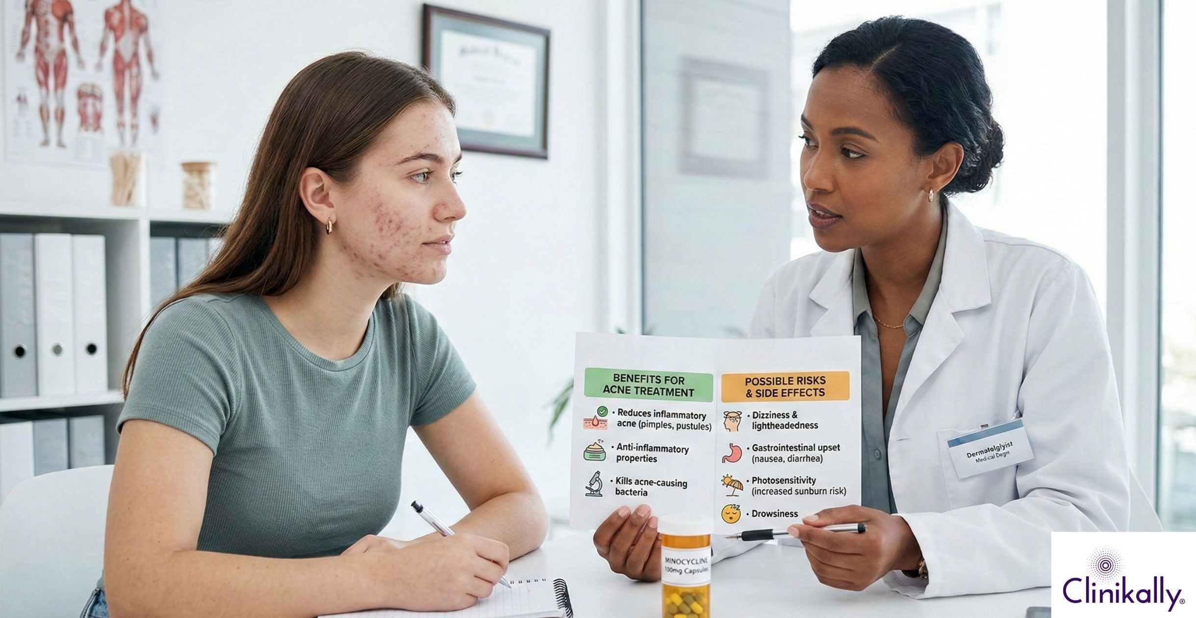Dermatologist explaining minocycline benefits and risks to patient