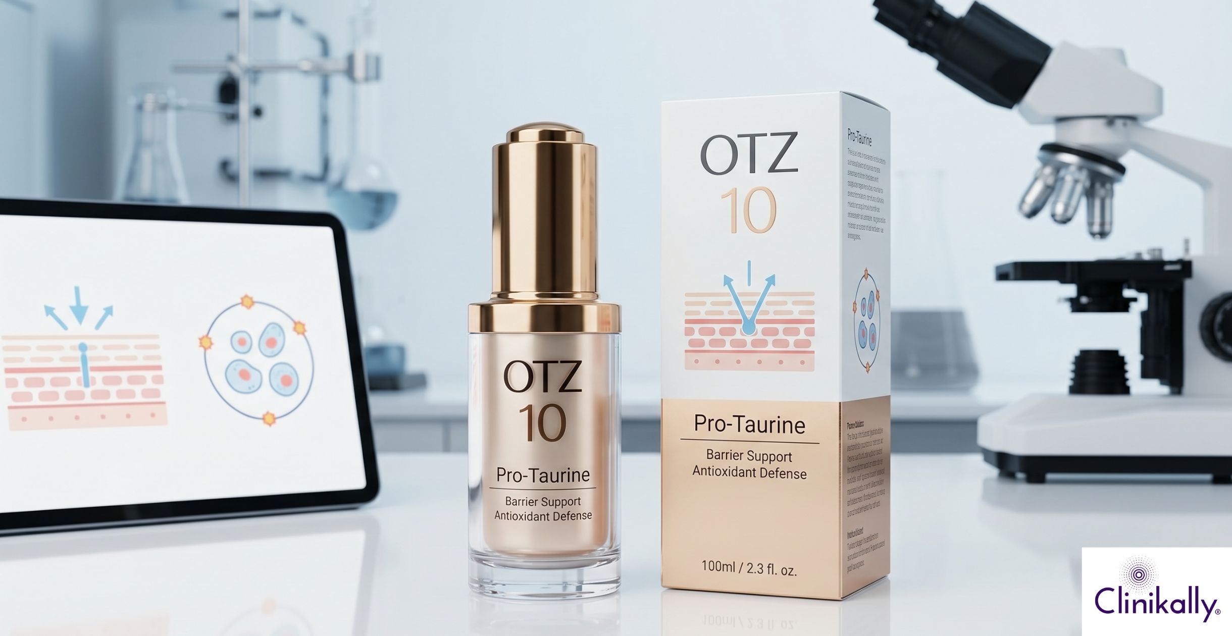 OTZ 10 Pro-Taurine skincare serum for barrier support and antioxidant defense in laboratory setting