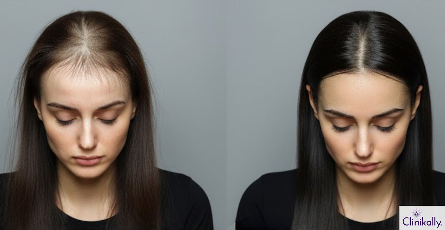 Before and after hair growth results for woman