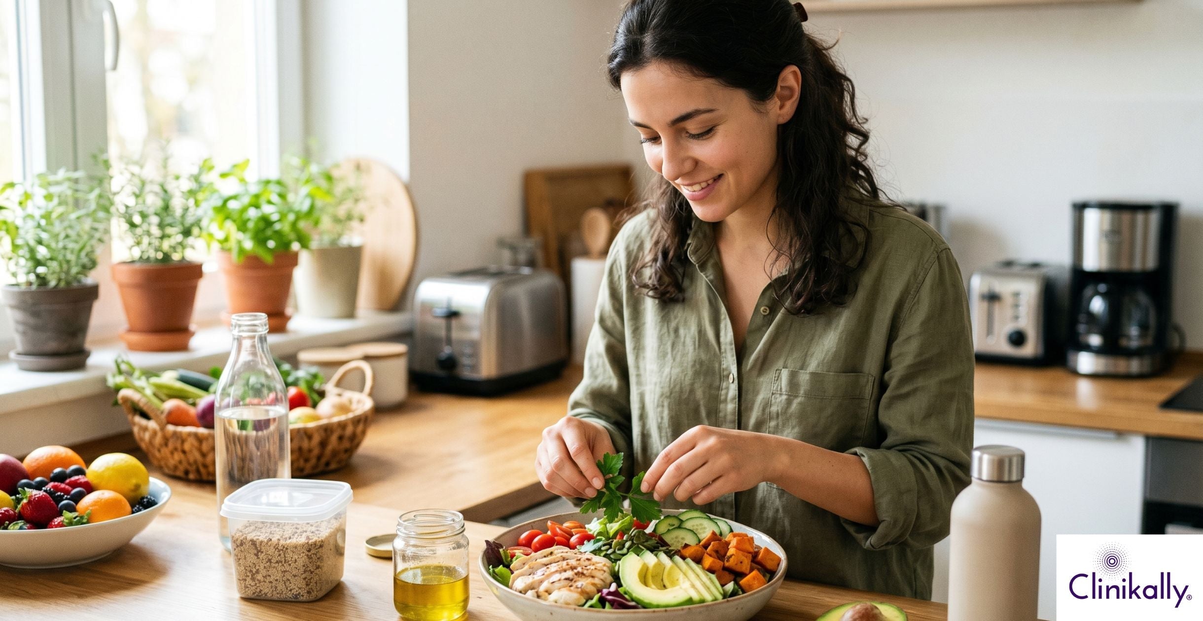 Healthy PMOS diet meal with fresh vegetables, lean protein, avocado, and whole foods