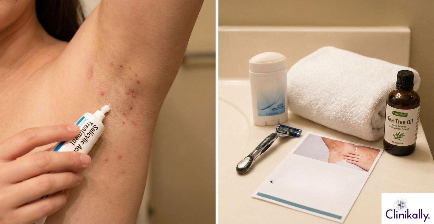 Applying acne cream to armpit pimples with skincare products