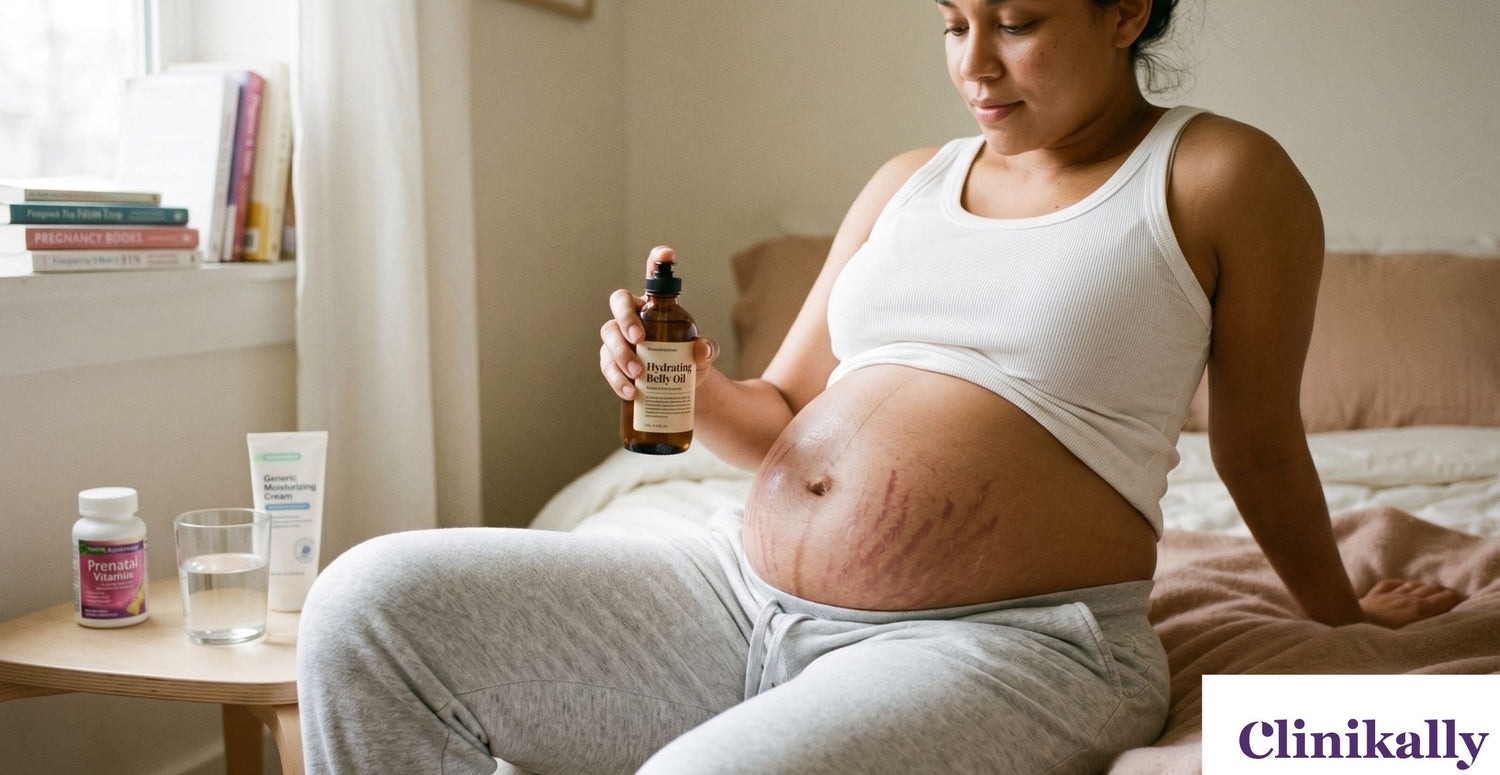 Pregnant woman applying oil to stretch marks