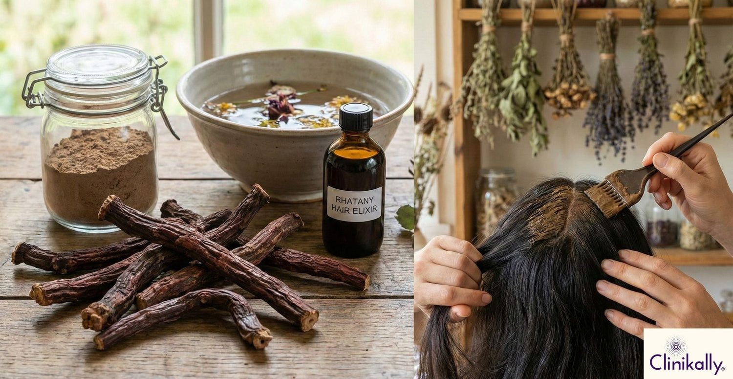 Woman applying rhatany root to scalp