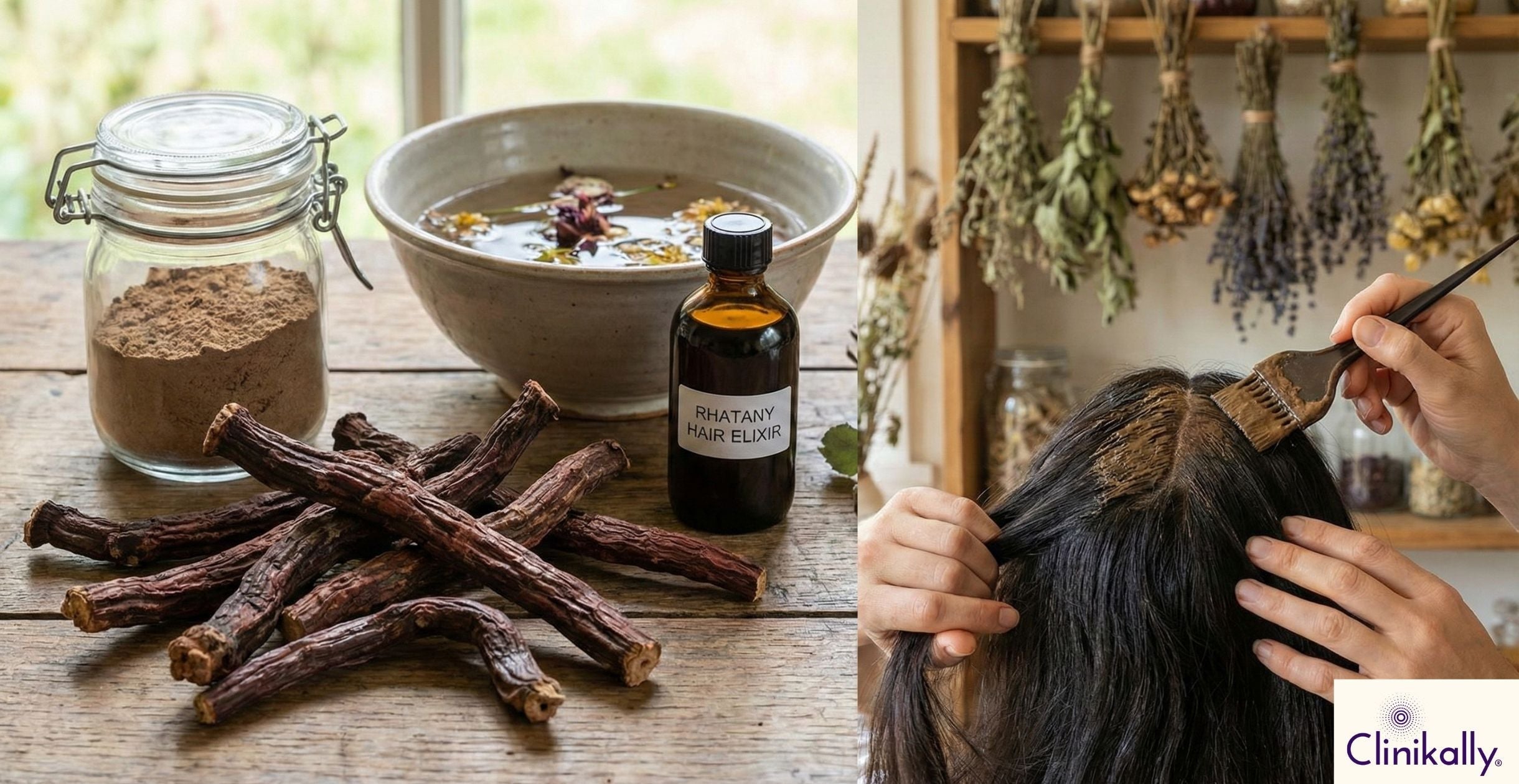 Woman applying rhatany root to scalp